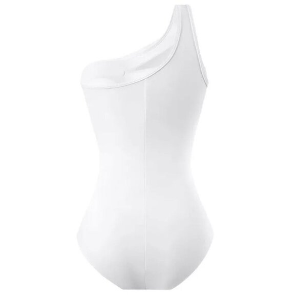 Runtlly Women’s One Shoulder White Mesh Swimsuit Small Asymmetrical Cutout - Picture 2 of 5